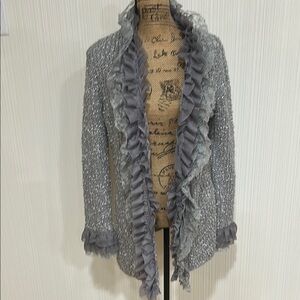 Sioni Gray Open-Front Cardigan with Ruffled Trim